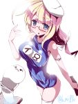  blonde_hair blue_eyes breasts glasses hat i-8_(kantai_collection) kantai_collection long_hair miuku_(marine_sapphire) name_tag school_swimsuit swimsuit thigh-highs white_legwear 