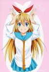  1girl artist_request blonde_hair blue_eyes blue_skirt blush hair_ribbon kirisaki_chitoge long_hair looking_at_viewer nisekoi red_ribbon ribbon school_uniform skirt smile solo 