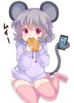 1girl alternate_costume animal_ears barefoot biting cellphone eating food grey_hair hoodie iris_anemone long_sleeves looking_at_viewer mouse_ears mouse_tail nazrin pants phone pink_legwear prehensile_tail red_eyes short_hair simple_background sitting smile solo tail text thigh-highs touhou white_background zettai_ryouiki
