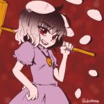  1girl animal_ears black_hair carrot carrot_necklace dress hand_on_hip inaba_tewi mallet open_mouth rabbit_ears red_eyes short_hair smile solo tail touhou xkaishaku 