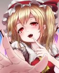  1girl ascot blonde_hair bust fangs finger_to_mouth fingernails flandre_scarlet foreshortening hat hat_ribbon looking_at_viewer mob_cap nvkka open_mouth outstretched_arms pink_background puffy_short_sleeves puffy_sleeves reaching_out red_eyes ribbon short_sleeves side_ponytail simple_background solo tongue touhou wings 