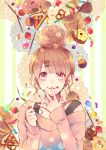  1girl :p blush brown_hair candy doughnut drinking_straw earrings food food_themed_clothes fruit gradient_eyes hair_bun hair_ornament hairclip jewelry lollipop macaron melo_(m_0514) multicolored_eyes off_shoulder original pancake pocky short_hair solo strawberry strawberry_shortcake tongue tongue_out violet_eyes yellow_eyes 