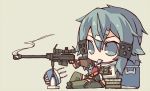  1girl blue_eyes blue_hair chibi electric_fan food gun hair_ornament hairclip holding ice_cream kata_meguma rifle scarf shinon_(sao) short_hair sitting sniper_rifle solo sword_art_online weapon 