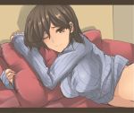  1girl breasts brown_eyes brown_hair bust dyson_(edaokunnsaikouya) letterboxed looking_at_viewer lying mole_under_eye on_side pillow pillow_hug ribbed_sweater shinken-zemi short_hair solo sweater sweater_lift wink zemi_mama 