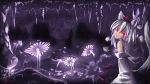  1girl absurdres animal_ears bare_shoulders cave dated detached_sleeves glowing glowing_eyes hat highres inubashiri_momiji light_smile looking_at_viewer looking_back pom_pom_(clothes) red_eyes short_hair silver_hair sitting solo tagme tail tokin_hat touhou wolf_ears wolf_tail 