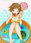  bikini brown_eyes brown_hair fan food fruit hiei_(kantai_collection) ice_cream kantai_collection merueto one_eye_closed rubber_duck short_hair smile swimsuit tub watermelon 