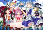  6+girls :d ascot bat_wings black_hair blonde_hair blue_eyes blue_hair bow carrying chair cirno closed_eyes cup drinking flandre_scarlet hair_bow hair_ribbon hakurei_reimu hands_on_hips hat holding ice ice_wings izayoi_sakuya kirisame_marisa looking_at_viewer looking_back maid maid_headdress mob_cap multiple_girls open_mouth purple_hair red_eyes remilia_scarlet ribbon silver_hair smile table teacup touhou tray villyane wings witch_hat yellow_eyes 