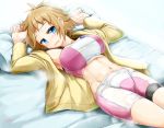  1girl :d bed bike_shorts blue_eyes brown_hair gundam gundam_build_fighters gundam_build_fighters_try hair_down hoshino_fumina jacket lying midriff mizuyan navel open_mouth pillow smile solo sports_bra sweat 