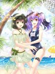  2girls :d ahoge beach black_hair breasts cleavage crescent_hair_ornament green_eyes hair_ornament halodark headwear heterochromia highres horizon looking_at_viewer multiple_girls name_tag navel ocean open_mouth original purple_hair school_swimsuit sky smile swimsuit translation_request tree twintails 