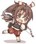  1girl :d airplane bow_(weapon) brown_eyes brown_hair chibi headband holding japanese_clothes kantai_collection kata_meguma looking_at_viewer muneate open_mouth ponytail smile solo weapon zuihou_(kantai_collection) 