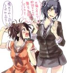  2girls ahoge brown_eyes brown_hair double_bun eyepatch gloves headgear kantai_collection messy_hair multiple_girls naka_(kantai_collection) open_mouth purple_hair school_uniform short_hair skirt tenryuu_(kantai_collection) torikai translation_request yellow_eyes 