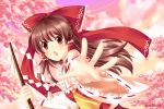  &gt;:o 1girl :o artist_name ascot bow brown_eyes brown_hair detached_sleeves gohei hair_bow hair_ribbon hair_tubes hakurei_reimu holding looking_at_viewer reaching ribbon solo touhou villyane 