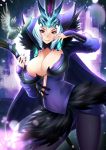  1girl alternate_costume breasts emilia_leblanc highres large_breasts league_of_legends looking_at_viewer megatama pantyhose short_hair smile solo staff violet_eyes white_hair 