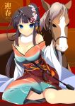  1girl bare_shoulders blue_eyes blush breasts cleavage highres horse japanese_clothes kimono large_breasts long_hair original smile wara_(warapro) 