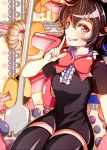  1girl :p asymmetrical_wings black_hair black_legwear bow cake candy food fork houjuu_nue igakusei looking_at_viewer red_eyes short_hair sitting smile solo sweets thigh-highs tongue tongue_out touhou wings zettai_ryouiki 