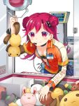  1girl arcade crane_game double_bun hair_ornament headset highres jacket key leaning_forward long_hair open_clothes open_jacket original red_eyes redhead smile solo stuffed_animal stuffed_bunny stuffed_cat stuffed_toy takeda_mika 