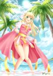  1girl :d archbishop beach blonde_hair coconut_tree fisheye green_eyes hair_ornament in_water long_hair looking_at_viewer ocean open_mouth palm_tree ragnarok_online skirt skirt_lift smile solo tree villyane 