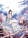  1girl barefoot black_eyes black_hair breasts cleavage collarbone coral dress fish highres hime_cut long_hair original selina sitting solo television transparent 