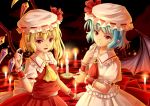  2girls :d artist_name ascot bat_wings blonde_hair blue_hair candle flandre_scarlet looking_at_viewer mob_cap multiple_girls open_mouth red_eyes remilia_scarlet short_hair signature smile touhou villyane wings wrist_cuffs 