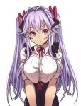  1girl breast_squeeze breasts bust eyebrows hair_ribbon horns houtengeki large_breasts looking_at_viewer original pointy_ears purple_hair ribbon solo twintails violet_eyes 
