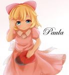  1girl blonde_hair blue_eyes bow character_name dress hair_bow hair_ribbon hat highres holding igakusei looking_at_viewer mother_(game) mother_2 paula_polestar pink_dress ribbon short_hair smile solo wind 