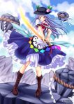 1girl blue_hair hat highres hinanawi_tenshi holding keystone long_hair looking_at_viewer red_eyes skirt smile solo sword sword_of_hisou touhou villyane weapon wind