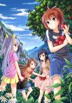  &gt;:) 4girls :d antenna_hair apple black_eyes black_hair brown_eyes brown_hair bush carrying casual dress dress_lift flower food fruit green_eyes grin hair_ribbon highres ichijou_hotaru koshigaya_komari koshigaya_natsumi long_hair miyauchi_renge multiple_girls non_non_biyori open_mouth ponytail purple_hair ribbon shirt shorts smile tree twintails villyane 