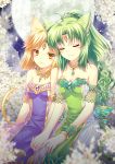  2girls :3 ahoge animal_ears blonde_hair breasts cat_ears cat_tail cleavage closed_eyes flower forehead_jewel full_moon green_hair halodark highres holding_hands leaning_on_person lily_(flower) long_hair moon multiple_girls original short_hair smile tail yellow_eyes 