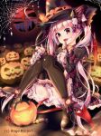  1girl :d ange_vierge black_legwear bow brown_eyes candy demon_horns demon_tail hair_bow hair_ribbon halloween hat holding horns lollipop long_hair looking_at_viewer official_art open_mouth pink_hair ribbon sakuragi_ren shoes sitting smile solo tail thigh-highs twintails witch_hat 