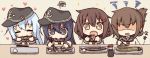  4girls akatsuki_(kantai_collection) blue_hair brown_eyes brown_hair eating eggplant fan fang fish folding_fan hair_ornament hairclip hat hibiki_(kantai_collection) ikazuchi_(kantai_collection) inazuma_(kantai_collection) kantai_collection kata_meguma long_hair multiple_girls open_mouth plasma-chan_(kantai_collection) purple_hair saury school_uniform serafuku short_hair translated violet_eyes 