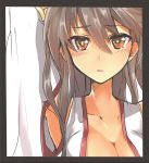 1girl arm_up armpits blush border breasts brown_eyes brown_hair bust cleavage collarbone detached_sleeves dyson_(edaokunnsaikouya) face haruna_(kantai_collection) kantai_collection long_hair looking_at_viewer nontraditional_miko solo traditional_media 