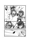  /\/\/\ 2girls comic fang female_admiral_(kantai_collection) folded_ponytail hair_ornament hairpin hat ikazuchi_(kantai_collection) inazuma_(kantai_collection) kantai_collection long_hair meitoro monochrome multiple_girls neckerchief o_o open_mouth peaked_cap school_uniform serafuku short_hair skirt somersault sweatdrop table tears translation_request 