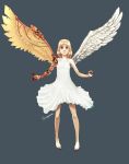  1girl angel angel_wings artist_name asymmetrical_wings barefoot blonde_hair borrowed_character cassie_(acerailgun) dress feathers flat_chest full_body grey_background grey_eyes mechanical_arm mechanical_wings original roguetwo simple_background sleeveless white_dress wings 