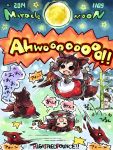  2girls animal_ears black_hair blush brooch brown_hair dress fang full_moon imaizumi_kagerou inaba_tewi jewelry kochiya_sanae long_hair long_sleeves moon multiple_girls open_mouth pote_(ptkan) rabbit_ears short_hair smile tail touhou translation_request wolf_ears wolf_tail 