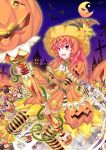  1girl :3 :d candy cookie food gift halloween halodark hat highres holding jack-o&#039;-lantern long_hair looking_at_viewer monster_hunter open_mouth red_eyes redhead smile solo staff witch_hat 