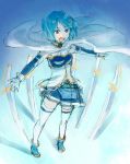  1girl armband belt blue_eyes blue_hair cape fukutarou_(enji127) gloves hair_ornament hairclip magical_girl mahou_shoujo_madoka_magica mahou_shoujo_madoka_magica_movie miki_sayaka multiple_swords short_hair solo soul_gem sword thigh-highs weapon zettai_ryouiki 