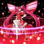 1girl antenna_hair dress hand_on_hip long_hair looking_at_viewer mechanical_wings red_dress red_eyes redhead shoes solo thigh-highs twintails villyane vividred vividred_operation white_legwear wings 