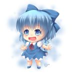  1girl :d blue_eyes blue_hair bow chibi cirno fang hair_bow hair_ribbon ice ice_wings open_mouth outstretched_arms ribbon short_hair smile solo spread_arms touhou villyane wings 