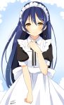  1girl alternate_costume blue_hair blush dated enmaided highres long_hair looking_at_viewer love_live!_school_idol_project maid maid_headdress smile solo sonoda_umi wara_(warapro) 