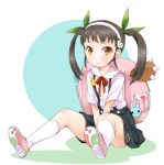  1girl backpack bag bakemonogatari black_hair blush brown_eyes hachikuji_mayoi hair_ornament hairband happy long_hair looking_at_viewer monogatari_(series) ratryu shoes sitting skirt smile socks solo twintails 