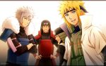  4boys armor black_hair blonde_hair facial_mark forehead_protector fur_trim karuta410 long_hair multiple_boys namikaze_minato naruto naruto_shippuuden sarutobi_hiruzen senju_hashirama senju_tobirama short_hair spiky_hair white_hair 