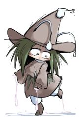  1other :o amanomori_shou androgynous antennae aodo_mikan baggy_pants blush_stickers boots brown_boots brown_hat brown_skirt brown_sleeves brown_vest commentary_request detached_sleeves forehead full_body green_eyes green_hair hat highres leg_up len&#039;en long_hair long_sleeves looking_at_self medium_skirt other_focus pants parted_lips shirt simple_background skirt sleeves_past_wrists slime_(substance) solo surprised turtleneck turtleneck_shirt vest white_background white_pants white_shirt wide-eyed wide_sleeves 