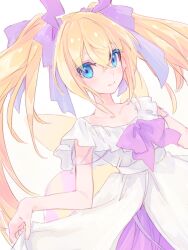  1girl arthropod_girl bee_girl blonde_hair blue_eyes bow dress emil_chronicle_online hair_bow highres horns long_hair purple_bow purple_ribbon queenbee_alma ribbon skirt_hold twintails two-tone_dress white_background white_dress yusa_yuyu 