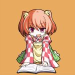  1girl :d aratami_isse bell book character_name checkered hair_bell hair_ornament motoori_kosuzu open_mouth orange_hair red_eyes short_hair sitting smile touhou twintails wariza 