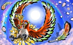  animal_focus bird blue_sky building cherry_blossoms commentary_request day feathers ho-oh hotathino no_humans open_mouth orange_eyes petals pokemon pokemon_(creature) pokemon_focus rainbow rainbow_feather_(pokemon) sky sun tongue tree twitter_username 