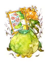  absurdres empty_picture_frame flower full_body highres leaf lilligant non_(kumakawayusu) one_eye_closed orange_eyes painting_(medium) picture_frame pokemon pokemon_(creature) red_flower red_rose rose simple_background solo tears traditional_media watercolor_(medium) white_background wilting 