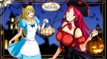  2girls bare_shoulders blazblue blonde_hair blue_eyes dragon@harry green_eyes halloween hat long_hair multiple_girls noel_vermillion redhead tsubaki_yayoi 