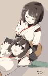  2girls brown_eyes brown_hair character_request closed_eyes dated highres hyuuga_(kantai_collection) ise_(kantai_collection) kantai_collection lap_pillow multiple_girls open_mouth short_hair simple_background smile wara_(warapro) 