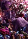  1girl black_legwear book bow candle cup dress flower hat highres holding long_hair looking_at_viewer onaga open_book patchouli_knowledge purple_hair serious sitting solo teacup touhou violet_eyes 
