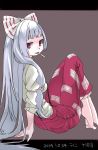  1girl barefoot bow brown_background capri_pants cigarette commentary_request dated dress_shirt fujiwara_no_mokou full_body grey_hair hair_bow hair_ribbon highres juliet_sleeves letterboxed long_hair long_sleeves looking_at_viewer namauni pants puffy_sleeves red_eyes red_pants ribbon shirt silver_hair simple_background sitting sleeves_rolled_up solo suspenders touhou tress_ribbon very_long_hair white_shirt 